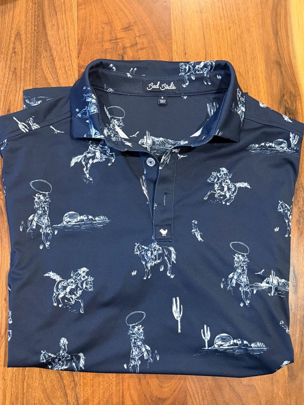 Men's Small Bad Birdie Navy “Yeehaw” Western Print Golf Polo
